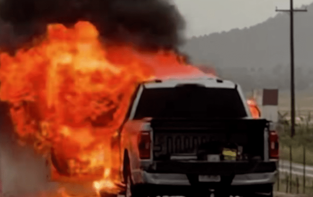 Lightning Hits Moving Pickup, Sparks Dramatic Interstate Fire